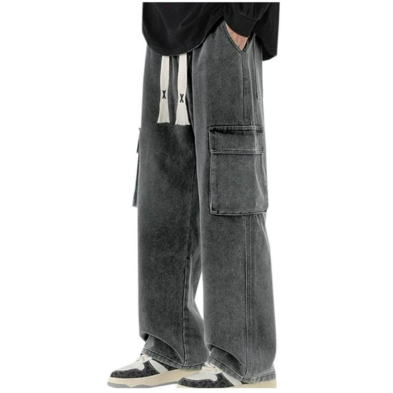 BSDJILFG Casual Pants for Men Jeans Solid Color Big and Tall Straight Leg Pants Distressed Loose Fit Zipper Pockets Elastic Cowboy Pants