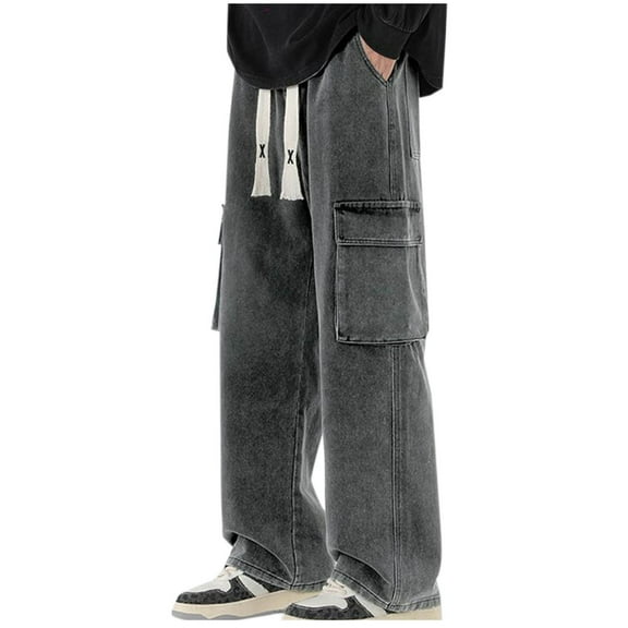 BSDJILFG Casual Pants for Men Jeans Solid Color Big and Tall Straight Leg Pants Distressed Loose Fit Zipper Pockets Elastic Cowboy Pants