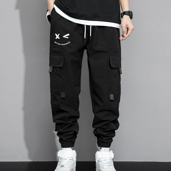 BSDJILFG Casual Pants for Men Trendy Loose Casual Joggers Elastic Waist Drawstring Multi-pockets Cargo Pants,Sizes M-4XL