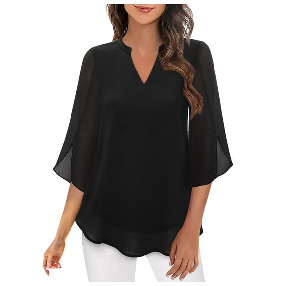 BSDJILFG Chiffon Blouses for Women Business Casual V-Neck Bell Sleeve Ruffle Swing Pullover Tops Office Work Outfits