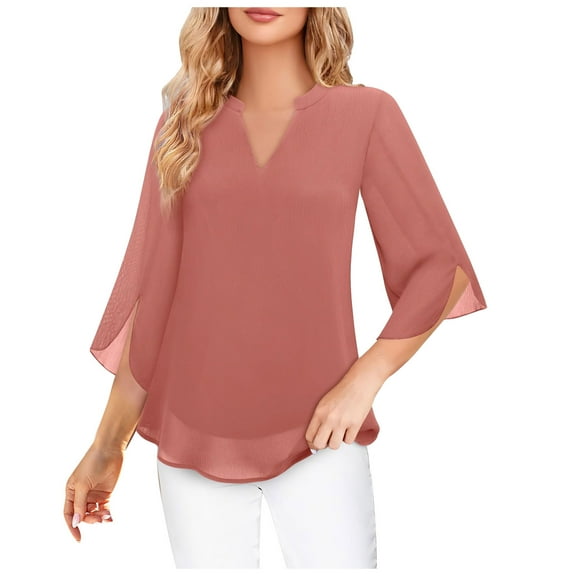 BSDJILFG Chiffon Blouses for Women Business Casual V-Neck Bell Sleeve Ruffle Swing Pullover Tops Office Work Outfits