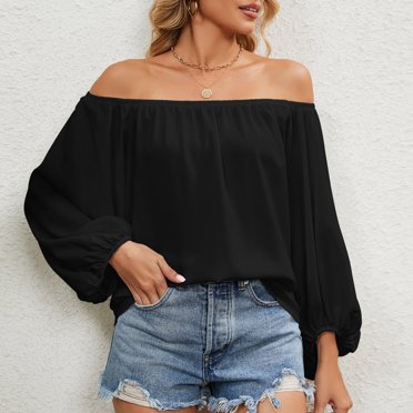 BSDJILFG Chiffon Shirts for Women Spring 2025 Off the Shoulder Long Sleeve Stretch Flowy Ruched Loose Fit Pullover Blouse Clearance