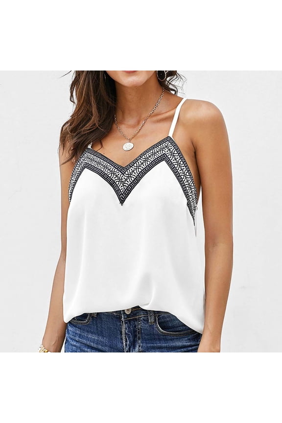 Chiffon Tops for Women Casual Spaghetti Straps Embroidered Halter V-Neck Slim Fit Camisoles ,S-2XL