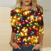BSDJILFG Christmas Tops for Women Plus Size 3/4 Sleeves Christmas Balls Sparkly Blouse Round Neck Casual Tops Sleepwear Loungewear Fall Clearance,S-5XL