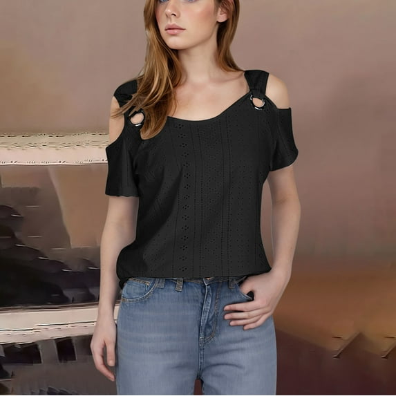 BSDJILFG Cold Shoulder Tops for Women Plus Size 2026 Summer Eyelet Shirt Short Sleeve Loose V Neck Breathable Comfy Tunic Blouse