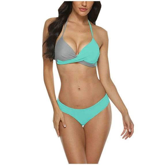 BSDJILFG Color Blocked Swimsuits for Women 2-Piece Halter Neck Bathing Suit Ruched Cross Push Up Triangle Bikini Bra with Bottom ,S-3XL