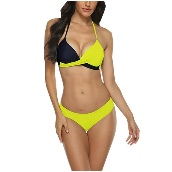 BSDJILFG Color Blocked Swimsuits for Women 2-Piece Halter Neck Bathing Suit Ruched Cross Push Up Triangle Bikini Bra with Bottom ,S-3XL