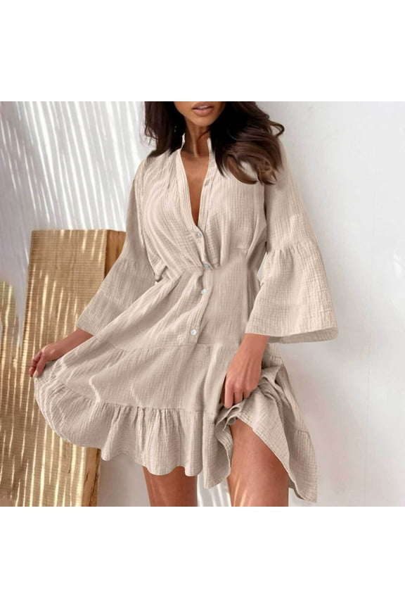 Cotton Dresses for Women Long Bell Sleeve Ruffle Boho V-Neck Button Tiered Flowy A-line Mini Dress