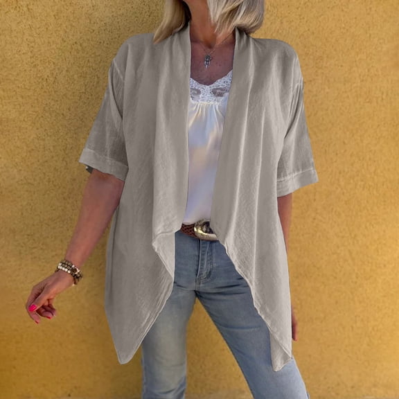 BSDJILFG Cotton Linen Cardigans for Women Soft Half Sleeve Shirt Swing Flowy High Low Hem Loose Open Front Shawls