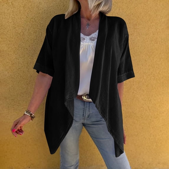 BSDJILFG Cotton Linen Cardigans for Women Soft Half Sleeve Shirt Swing Flowy High Low Hem Loose Open Front Shawls