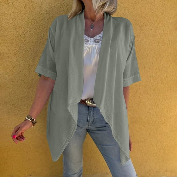 BSDJILFG Cotton Linen Cardigans for Women Soft Half Sleeve Shirt Swing Flowy High Low Hem Loose Open Front Shawls