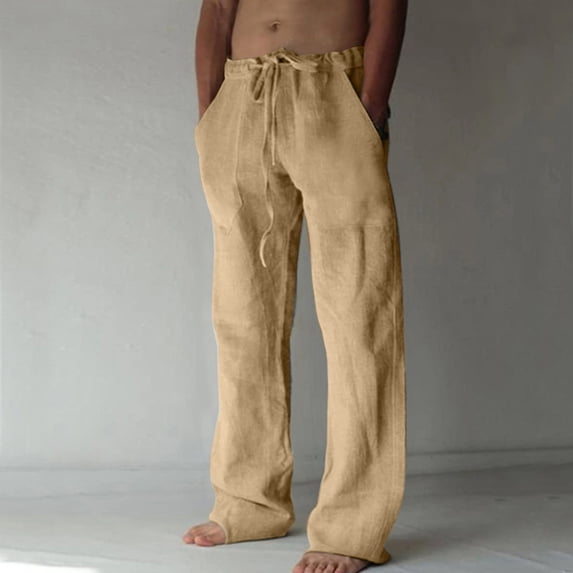 BSDJILFG Cotton Linen Pants for Men Summer Super Comfort Lightweight Casual Wide-Leg Pants Loose Fit Drawstring Trousers Loungewear Sleepwear Clearance S-3XL