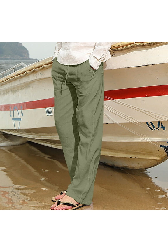 Cotton Linen Pants for Men Big and Tall Straight Leg Full Length Beach Vacation Trouser with Drawstring Pockets,Sizes S-5XL