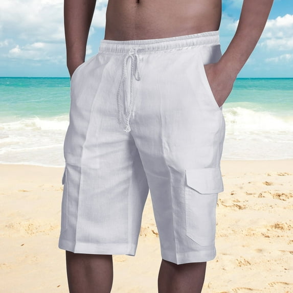 BSDJILFG Cotton Linen Shorts for Men Casual Two Pockets Elastic Waist Solid Color 9 inch Inseam Beach Board Shorts Straight Loose Carpenter Swimsuits Bathing Suits M-3XL