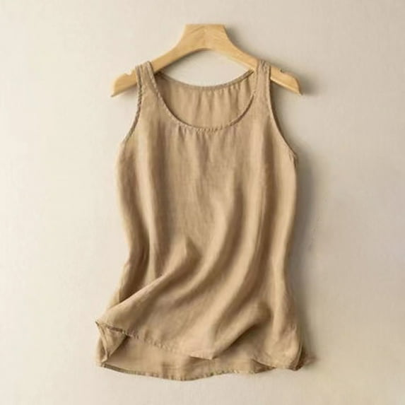 BSDJILFG Cotton Linen Tank Tops for Juniors,Loose Fit Crew Neck Camisoles Solid Color Pullover Tops