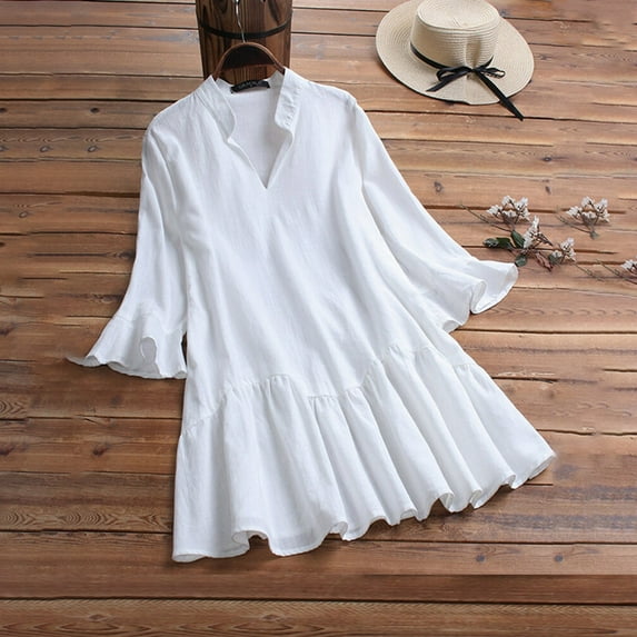 BSDJILFG Cotton Linen Tops Women Plus Size Short Sleeve Shirts Loose V Neck Tunics Womens Blouses Clearance L-8XL