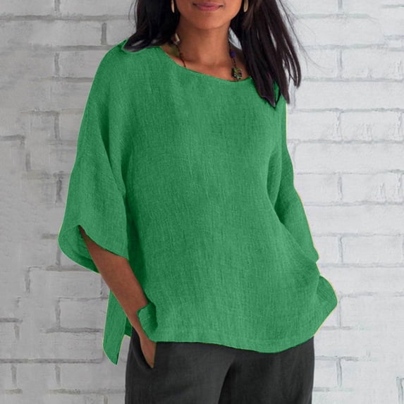 BSDJILFG Cotton Linen Tops for Women Comfy Plus Size Crew Neck Tops Short Sleeve Shirts Casual Solid Womens Blouses Clearance,Sizes S-5XL