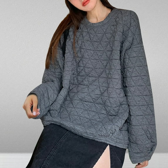 BSDJILFG Cotton Quilted Sweatshirts for Women Lightweight Loose Fit Solid Color Cozy Pullover Tunic Blouse