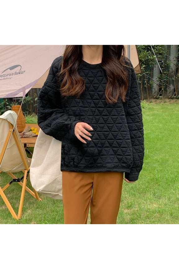 Cotton Quilted Sweatshirts for Women Lightweight Loose Fit Solid Color Cozy Pullover Tunic Blouse