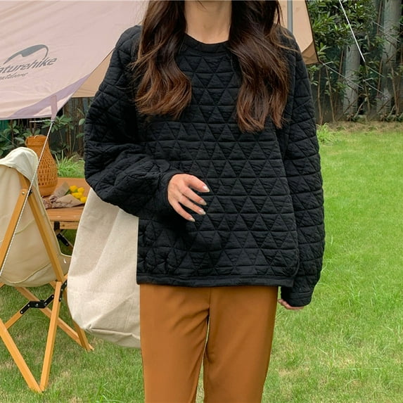 BSDJILFG Cotton Quilted Sweatshirts for Women Lightweight Loose Fit Solid Color Cozy Pullover Tunic Blouse