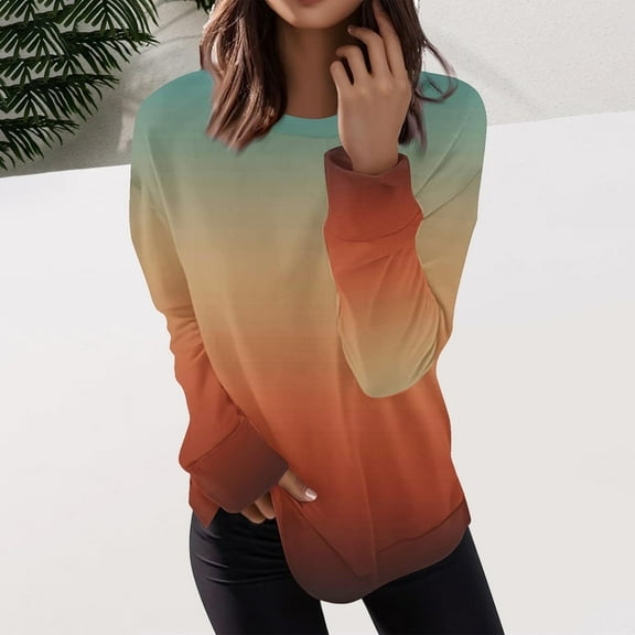 BSDJILFG Crew Neck Sweatshirts for Women Side Split Basic T-Shirt Gradient Color Pullover Undershirts