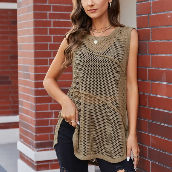 BSDJILFG Crewneck Camo Sweater Vests for Women Sleeveless Tank Crochet See Sheer Tops Cute Knitted Camisoles