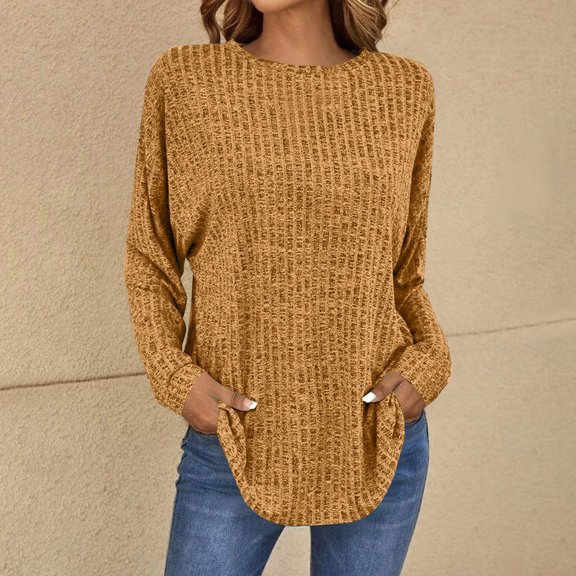BSDJILFG Crewneck Sweaters for Women Long Sleeve Ribbed Top Dressy Casual Fall Winter Tunic Blouse