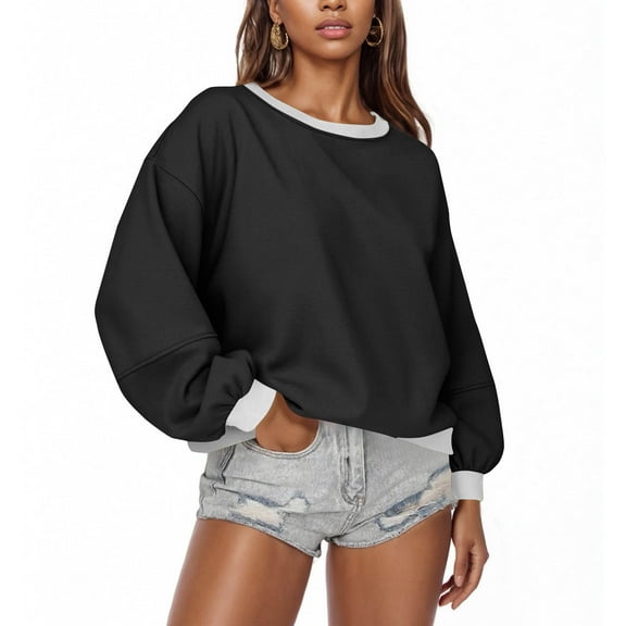 BSDJILFG Crewneck Sweatshirts for Women Loose Fit Basic T-Shirt Color Blocked Soft Breathable Tunic Tops No Hood