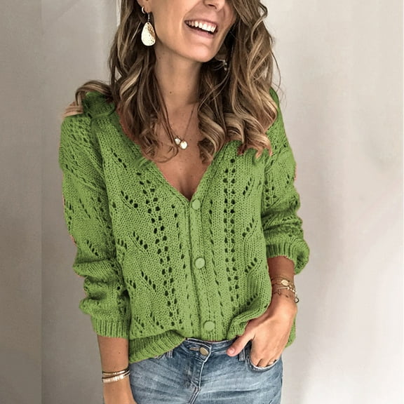 BSDJILFG Crochet Cardigan Sweaters for Women Button Up V-Neck Hollow Out Knit Top Long Sleeve Fall Shirts