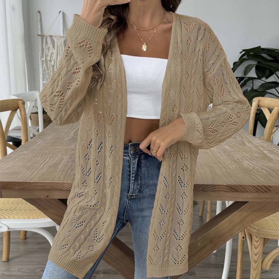 BSDJILFG Crochet Cardigans for Women Lightweight Casual Solid Color Long Sleeve Fall Open Front Shirts Beachwear