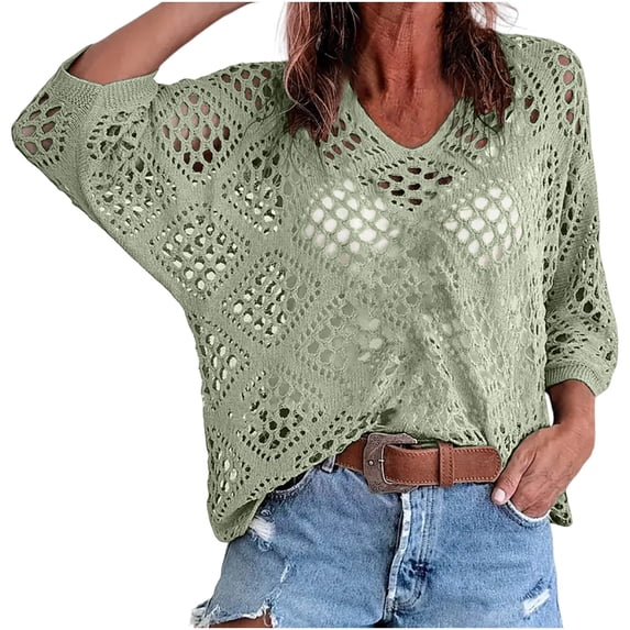 BSDJILFG Crochet Tops for Women 3/4 Batwing Sleeves Knit Cover Ups Sun Protection V-Neck Pullover Beach Cover Ups