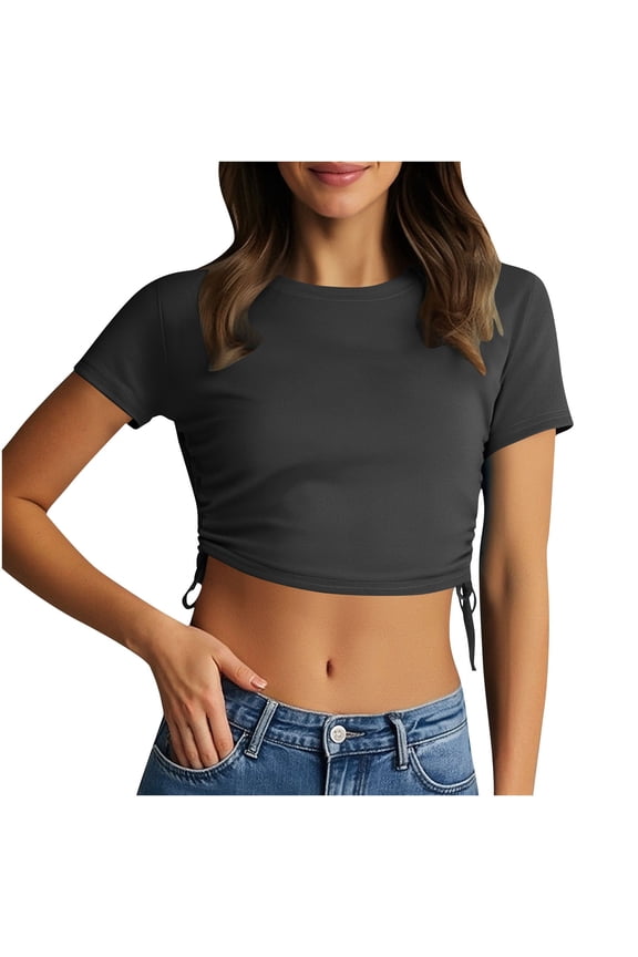 Crop Tops for Juniors Summer Short T-Shirt Casual Breathable Short Sleeve Going Out Tops with Side Ruched String