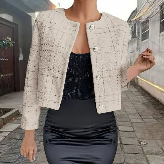 BSDJILFG Cropped Cardigans for Women Dressy Fall Short Blazer Jacket Button Down Plaid Textued Ribbed Jackets No Hood Fall