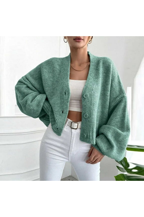 Cropped Cardigans for Women Long Sleeve Knit Sweater Open Front Lantern Sleeve Button V-Neck Duster Jackets