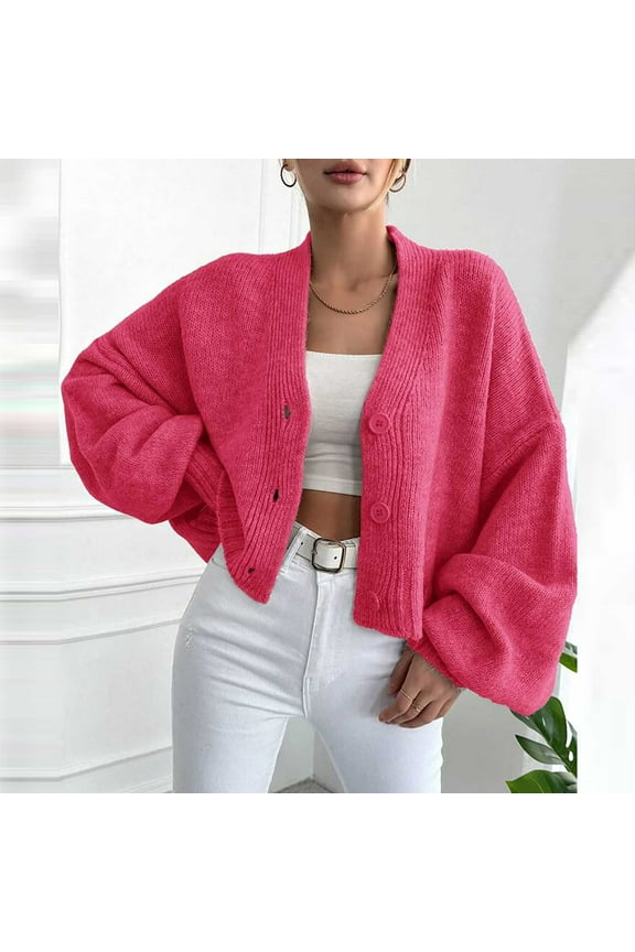 Cropped Cardigans for Women Long Sleeve Knit Sweater Open Front Lantern Sleeve Button V-Neck Duster Jackets
