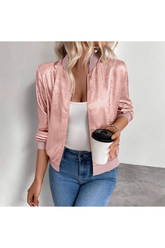 Cropped Jackets for Women Zip Up Bomber Jacket Stand Collar Night Club Outerwear