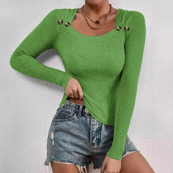 BSDJILFG Cropped Sweaters for Juniors Long Sleeve Y2K Trendy Square Neck Ribbed Knit Shirt Crop Tops with Buttons