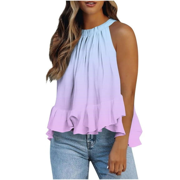 BSDJILFG Cute Babydoll Tops for Women Sleeveless Pink Halter Neck Y2K Shirt Open Back Summer Tank Ruffle Swing Crop Tops