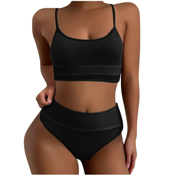 BSDJILFG Cute Bikinis for Women Seamless Ribbed Knit Bikini Top Soft Cup Padded Tank Bra High Waisted Underwear Bottom
