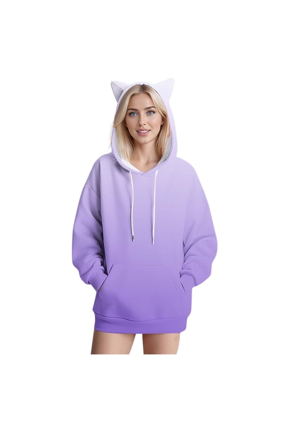 Cute Hoodies for Women Casual Gradient Color Pullover Sweatshirt Long Sleeve with Ear Covers Pockets