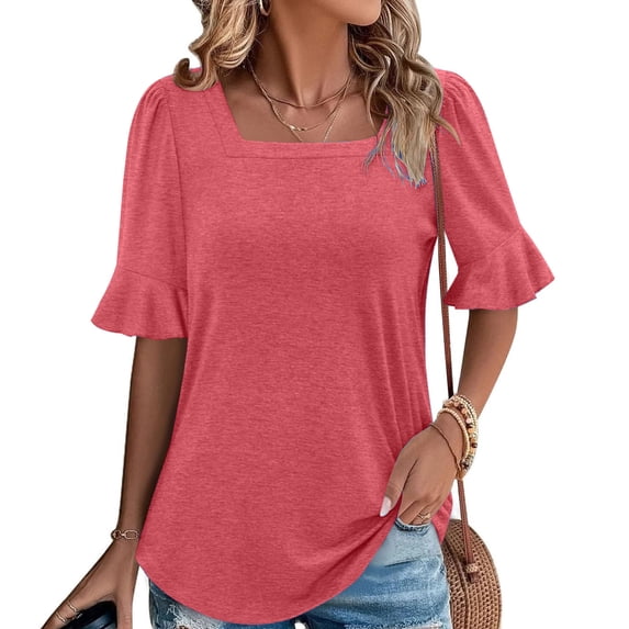 BSDJILFG Cute Summer Tops for Women Square Neck Tops 1/2 Ruffle Sleeve Shirt Summer Tunic Blouse