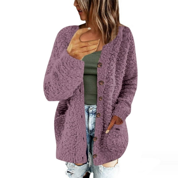 BSDJILFG Cute Sweatshirts for Women Winter Casual Plush Thicken Oversized Cardigan Kitted Sweaters Open Front Button with Pockets Fall ,Sizes S-5XL