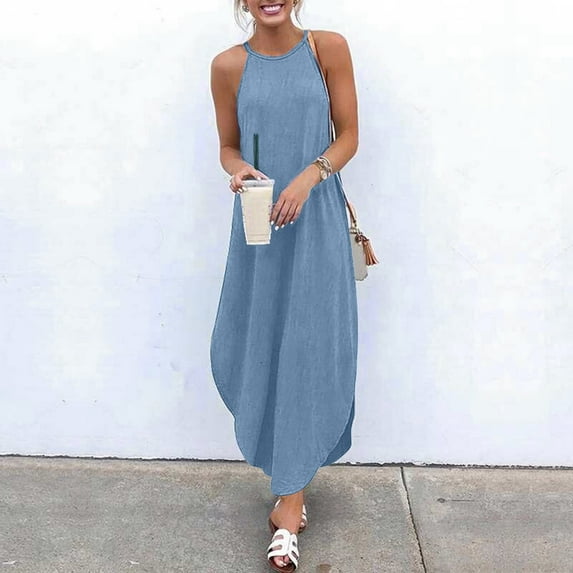 BSDJILFG Denim Dresses for Women Summer Halter Sleeveless Tank Dress Crochet Boho Ruched Layering Maxi Swing Flowy Jean Dress Beachwear ,S-3XL