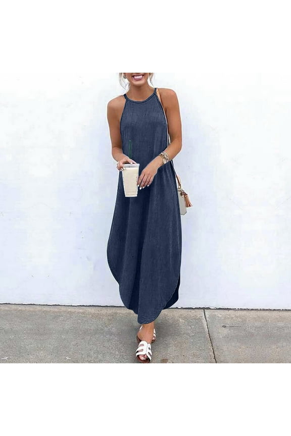 Denim Dresses for Women Summer Halter Sleeveless Tank Dress Crochet Boho Ruched Layering Maxi Swing Flowy Jean Dress Beachwear,S-3XL