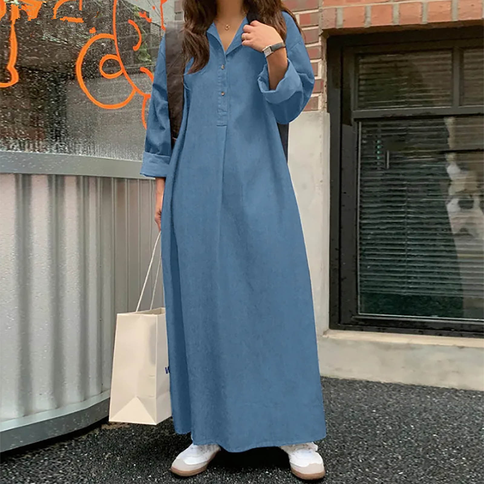 BSDJILFG Denim Dresses for Women Casual Maxi Dress Long Sleeve V-Neck Oversized  Shirt Dress Button Up Lapel Blouse 