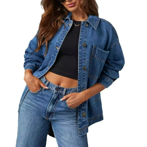 BSDJILFG Denim Jackets for Women Jean Jacket New Trendy 2025 Shacket Stretch Distressed Lightweight Cardigan Buckle Down Lapel Blouse with Pockets