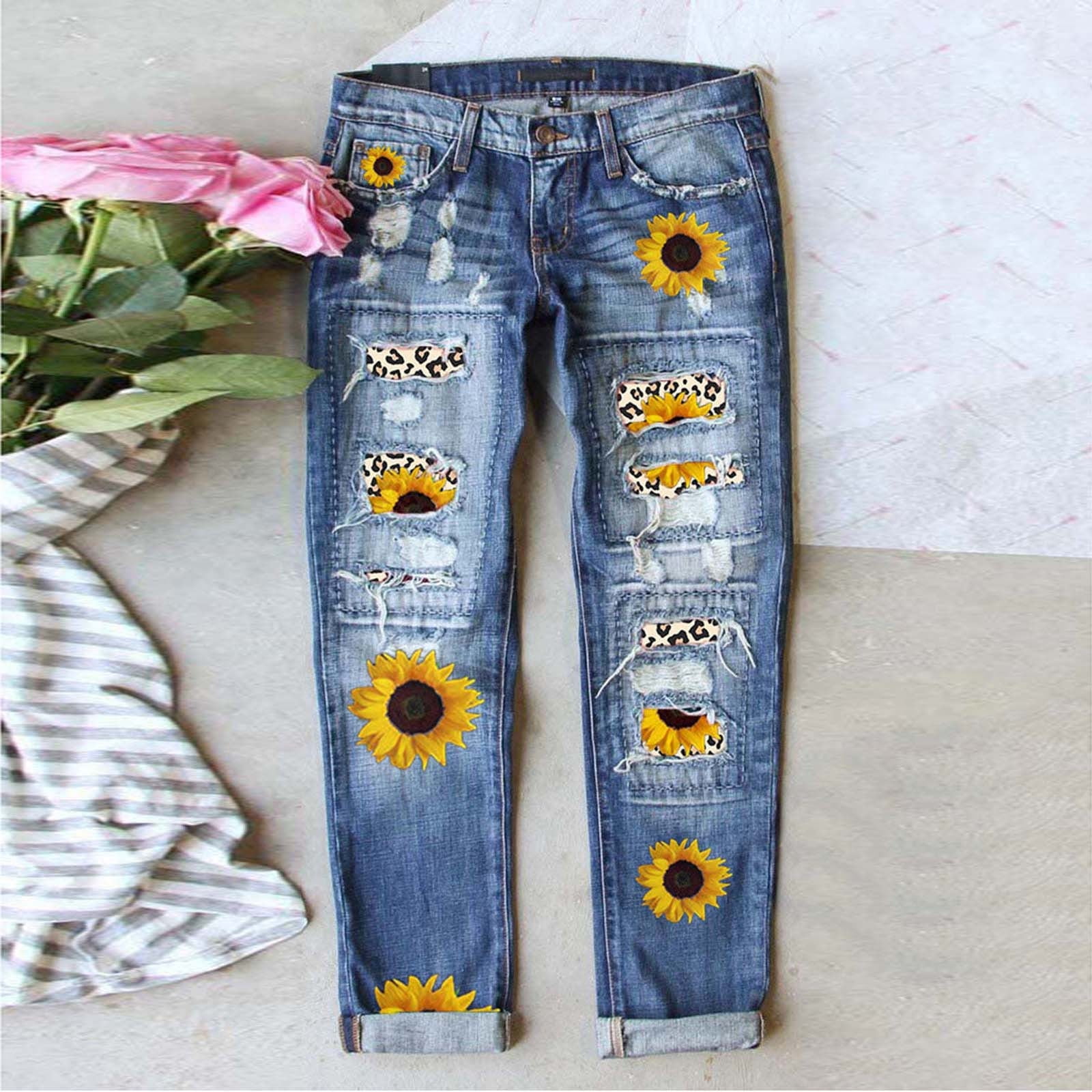 BSDJILFG Denim Pants for Women Casual Patch Daisy Print Jean Pants 