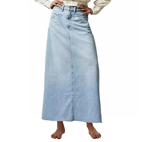 BSDJILFG Denim Skirts for Women Casual Distressed Solid Color Straight A-Line Maxi Skirt Summer Saving S-XL