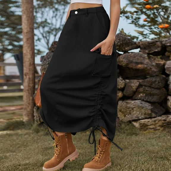 BSDJILFG Denim Skirts for Women Casual Skirt Elastic Waist Cargo Skirt Distressed Layering Side String Workwear Skirt