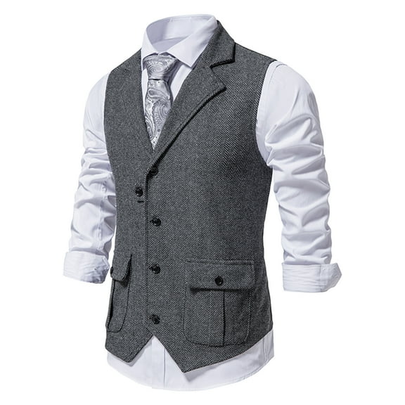 BSDJILFG Dress Vests for Men Vintage Tweed Waistcoat Sleeveless Double Breasted Peak Lapel Suit Vest